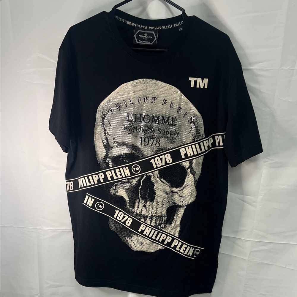 Philipp Plein Black Graphic Skull Tee with White Print